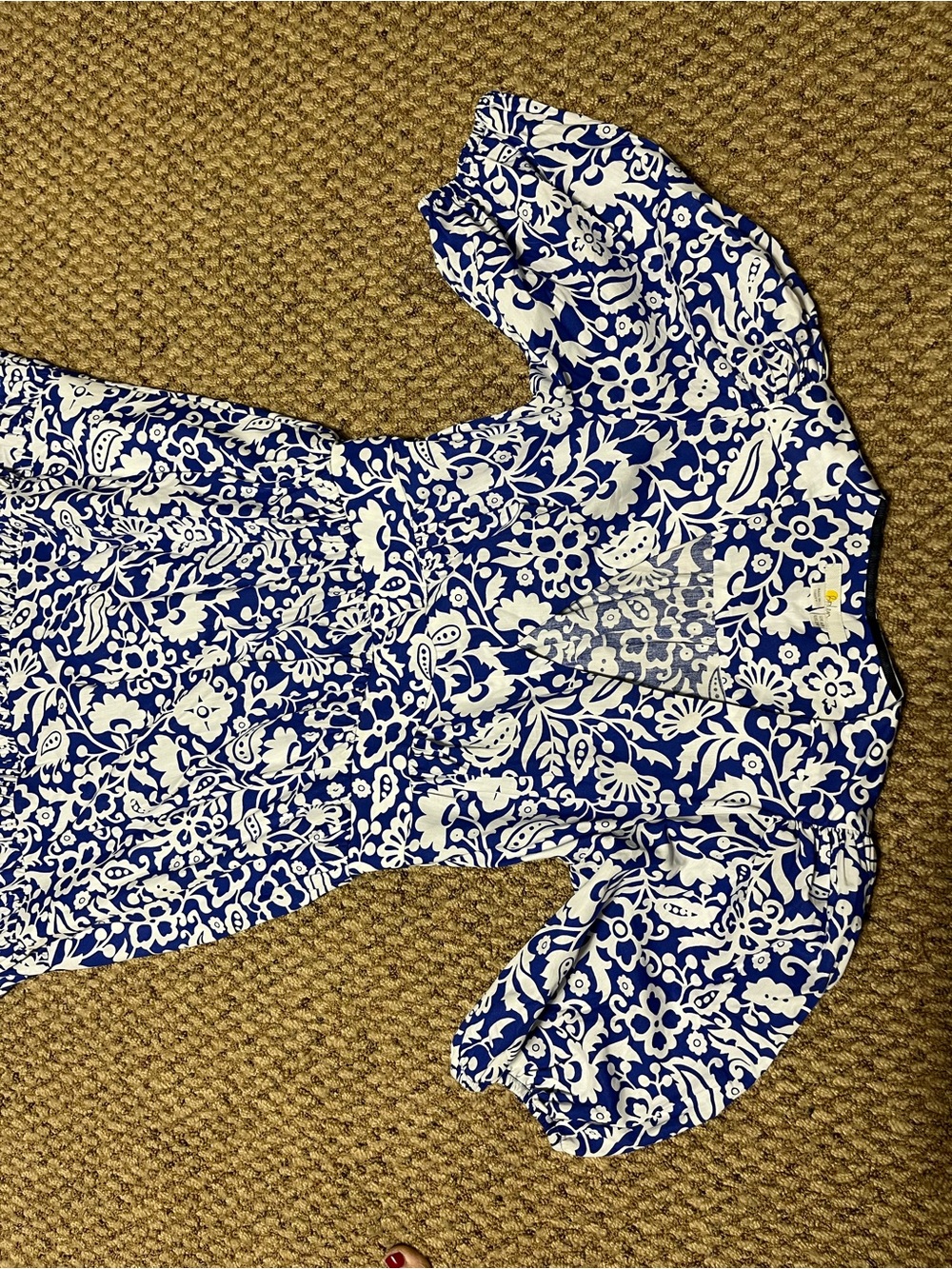 Boden Blue and White Floral Midi Dress - V-Neck Puff Sleeve, tiered midi skirt. - Picture 7 of 11